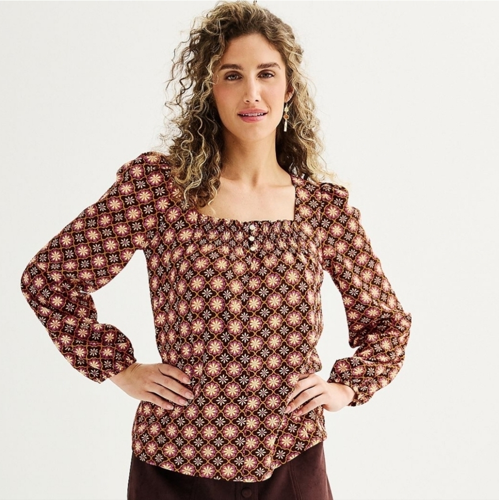 Draper James Brown Floral Geo Smocked Square-Neck Blouse Size XS